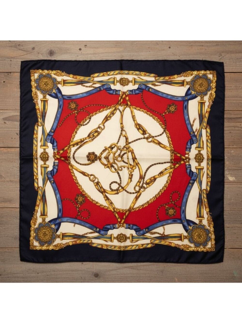 Regency Equestrian Chain Satin Scarf Red Navy Gold Cream 20x20 - Picture 7 of 8